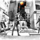 A party of human characters are approached by werewolves on a rooftop.
